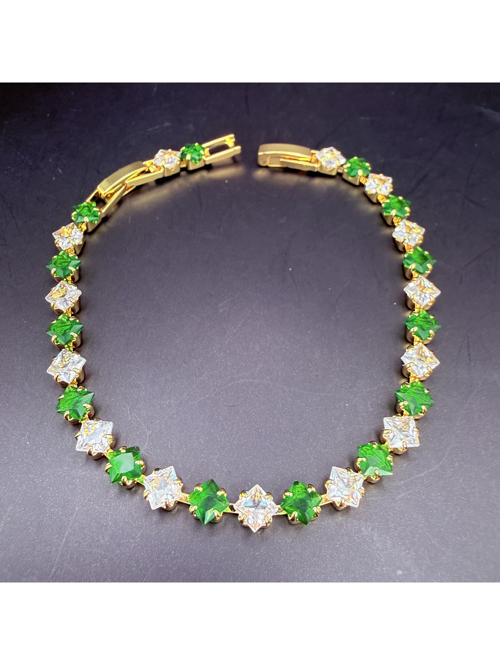 candy+clover green and clear crystal gold tone tennis bracelet